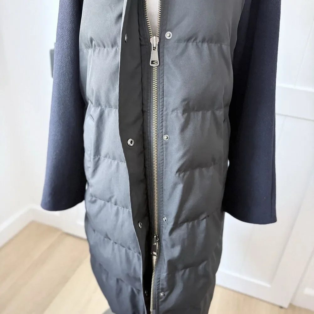 Quiet Luxury Minimalist Wool Blend Mixed Media Puffer Coat M Black Navy Jason Wu